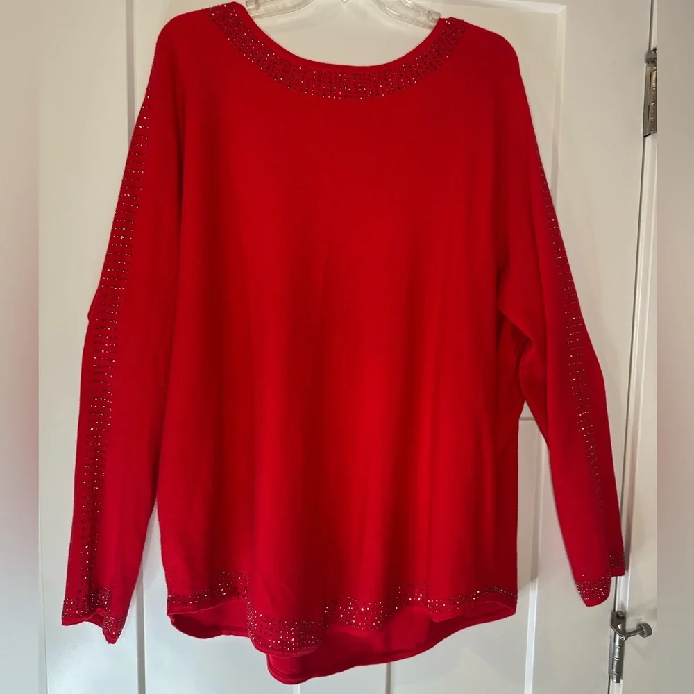 Oliver Holiday Red Sweater Black Sparkle Beads Size 2X Soft And‎ Cozy